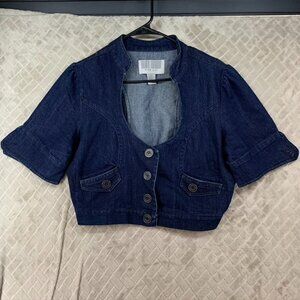 Miss Lili Womens M Denim Jeans Shirt Blue Cropped Button Up Short Sleeve